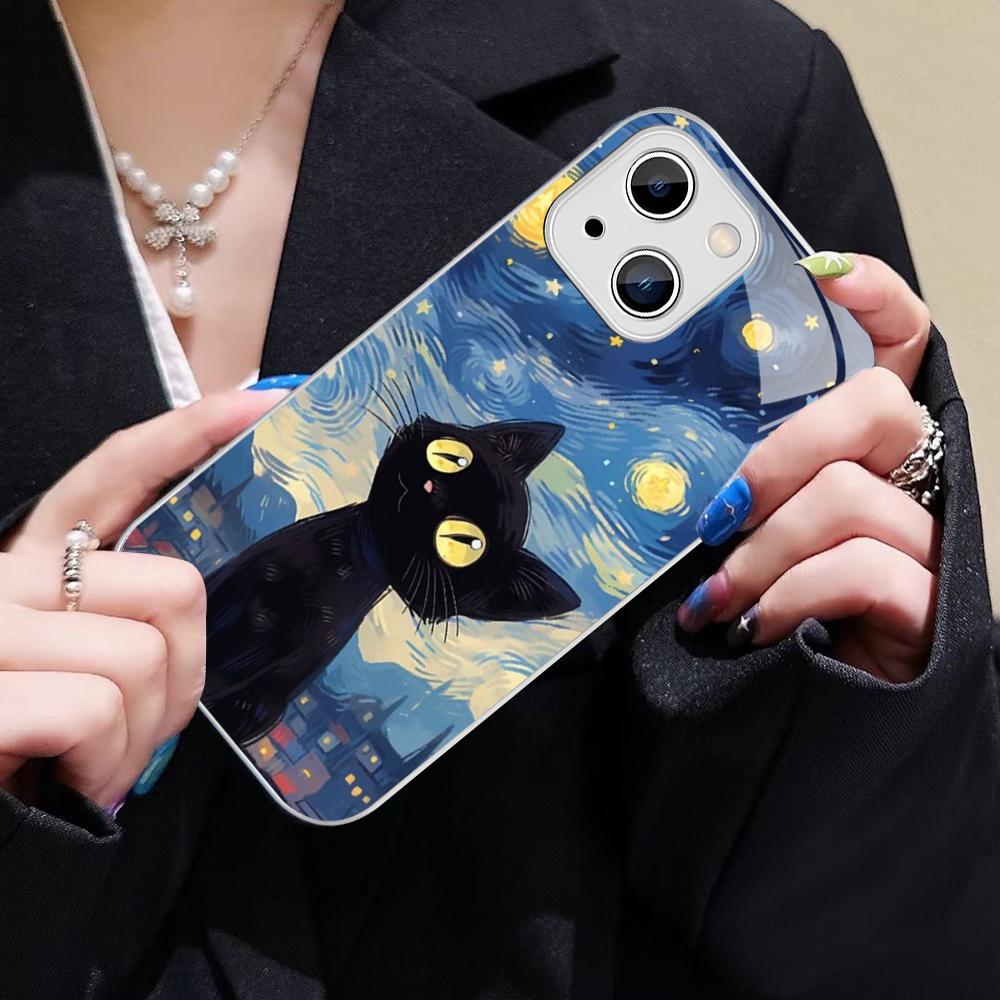Чехол для телефона «Кошка в звездном небе» для IPhone 14 13 12 Mini 11 Pro XS Max X XR 14 Plus, чехол из закаленного стекла