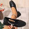 High-end Summer Breathable Woven Single Shoes Cut-out Shallow Rhinestone Block Heel Women's Shoes