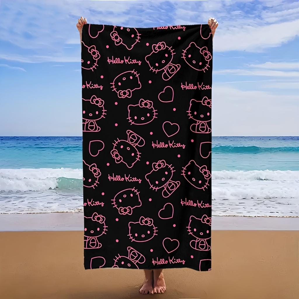 1pc Sanrio Hello Kitty Beach Towel Polyester - Lightweight Quick Dry Soft Swimming Travel Towel, Black Pink Outline Pattern, Uni