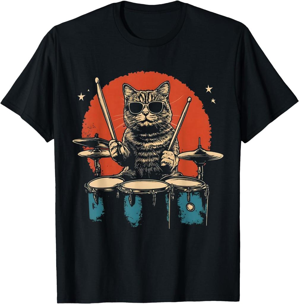 Cat Playing Drum Sunglasses Drumming Funny Drummers Gifts T-Shirt