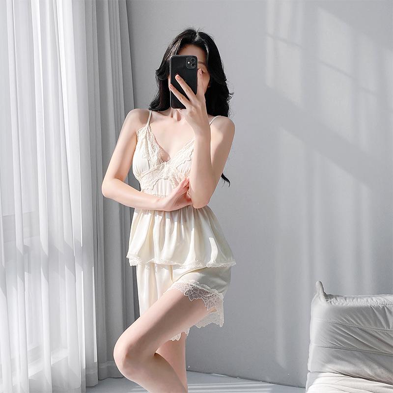 French pure desire lace pajamas women's summer ice silk suspender nightdress with blouse sexy loungewear