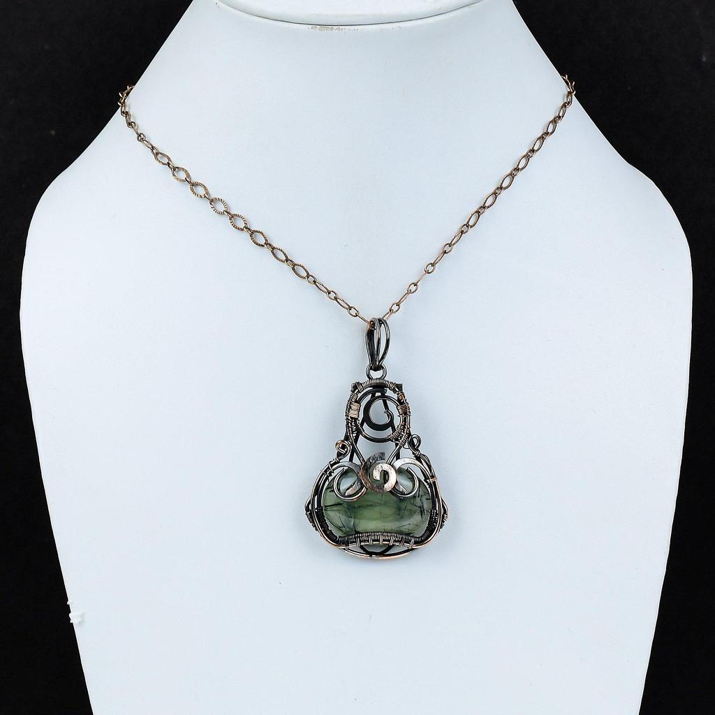 Кулон из мха-пренита, медная проволока, обернутая драгоценным камнем, кулон, приличные медные украшения, стильный кулон, ювелирные изделия из проволочной обмотки, кулон ручной работы для подарка