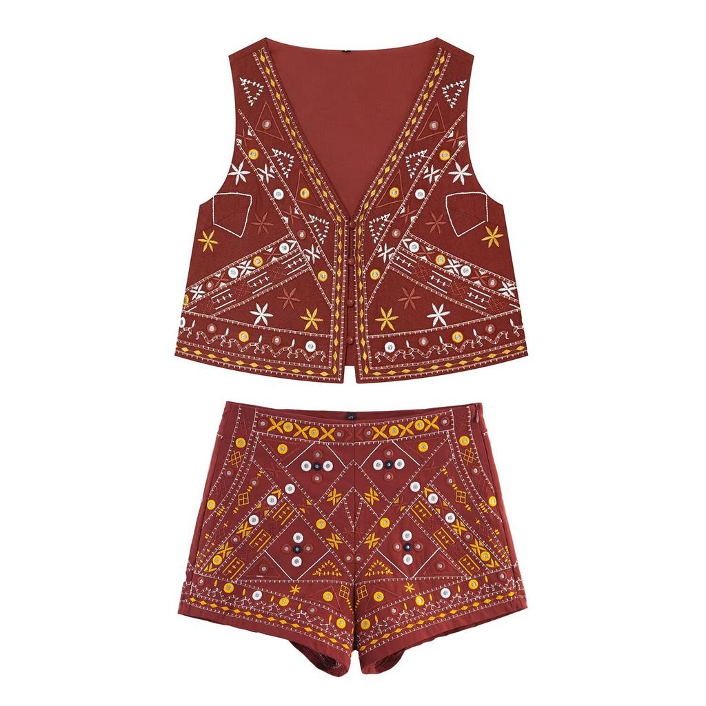 European and American style, wholesale women's clothing fashion versatile temperament decorative embroidered vest set 5770029
