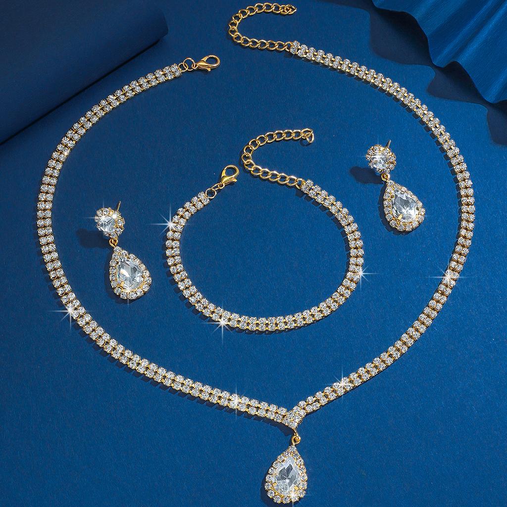 4PC Women's Fashion Water Drop Necklace, Earrings, Bracelets, Zircon Set, Suitable for Wedding, Party, Festival Gifts