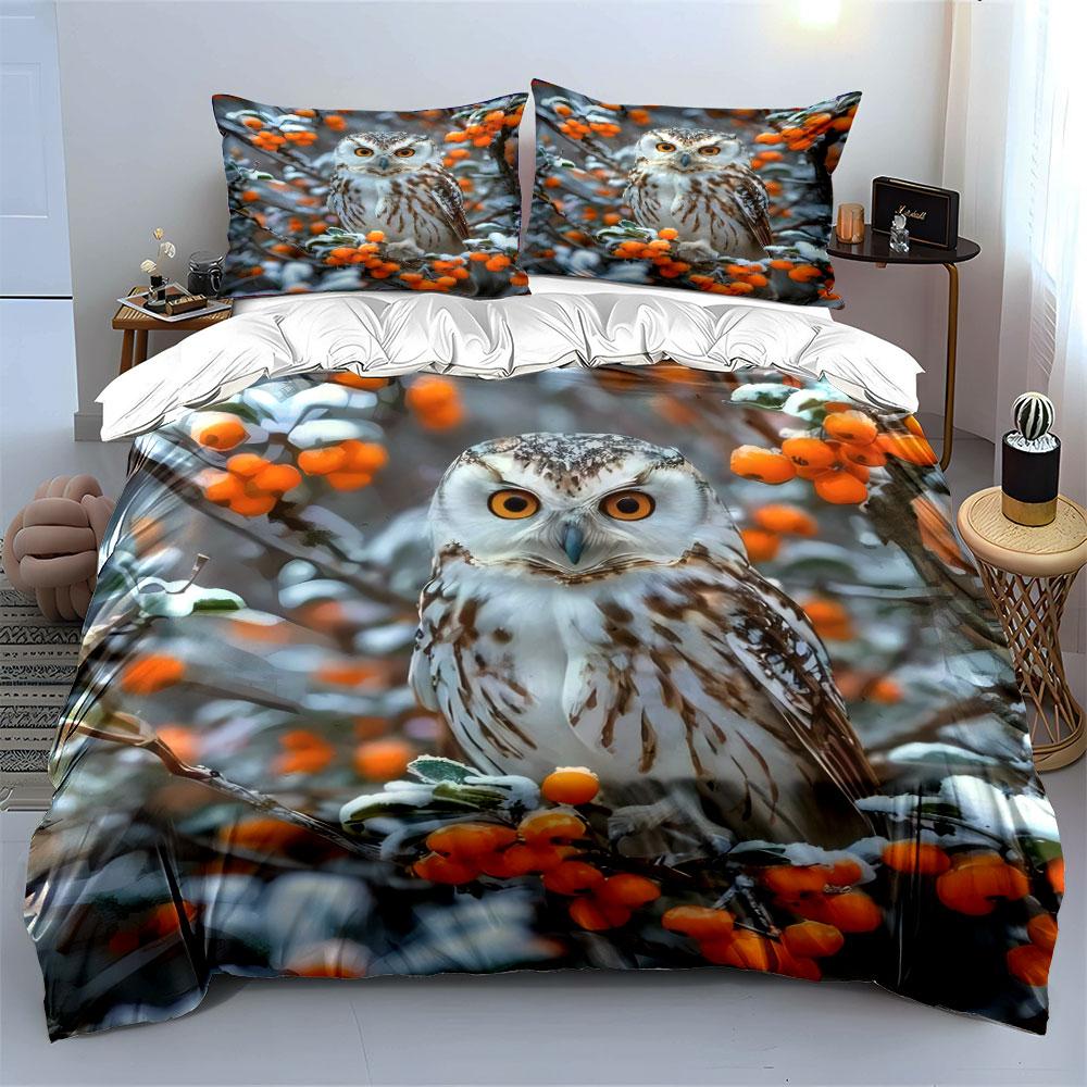 Snowy Owl Nature Decor Set Bedding Set with 1 Duvet Cover 2 Pillowcases Single Double King Queen, Gift