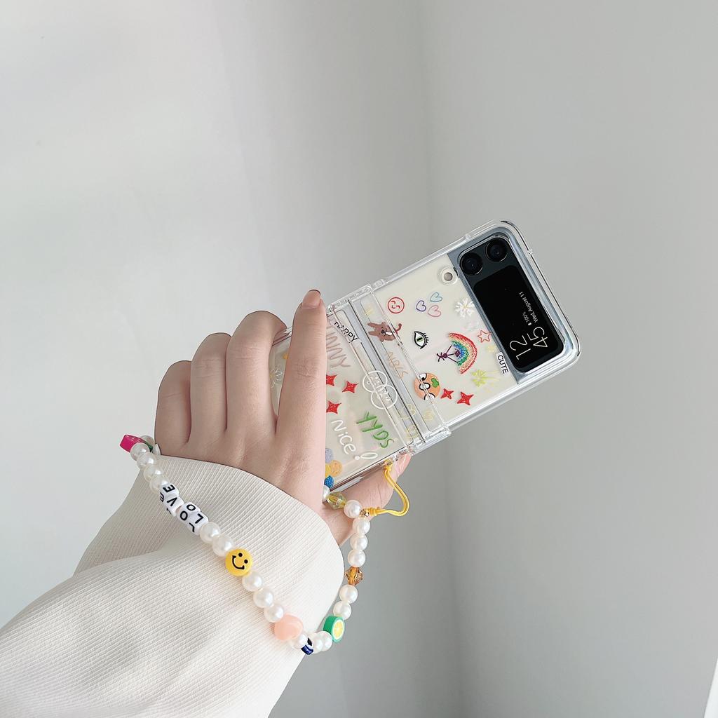Чехол для Samsung Z Flip 3, прозрачный чехол с милым узором и браслетом, чехол для телефона Samsung Z Flip 4 Zflip4 Allinone, жесткая задняя крышка