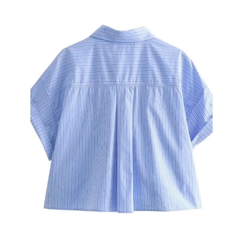 Women's Fashion Crop Poplin Shirt Women Casual Lapel Short Sleeve Pocket Front Button Versatile Female Top