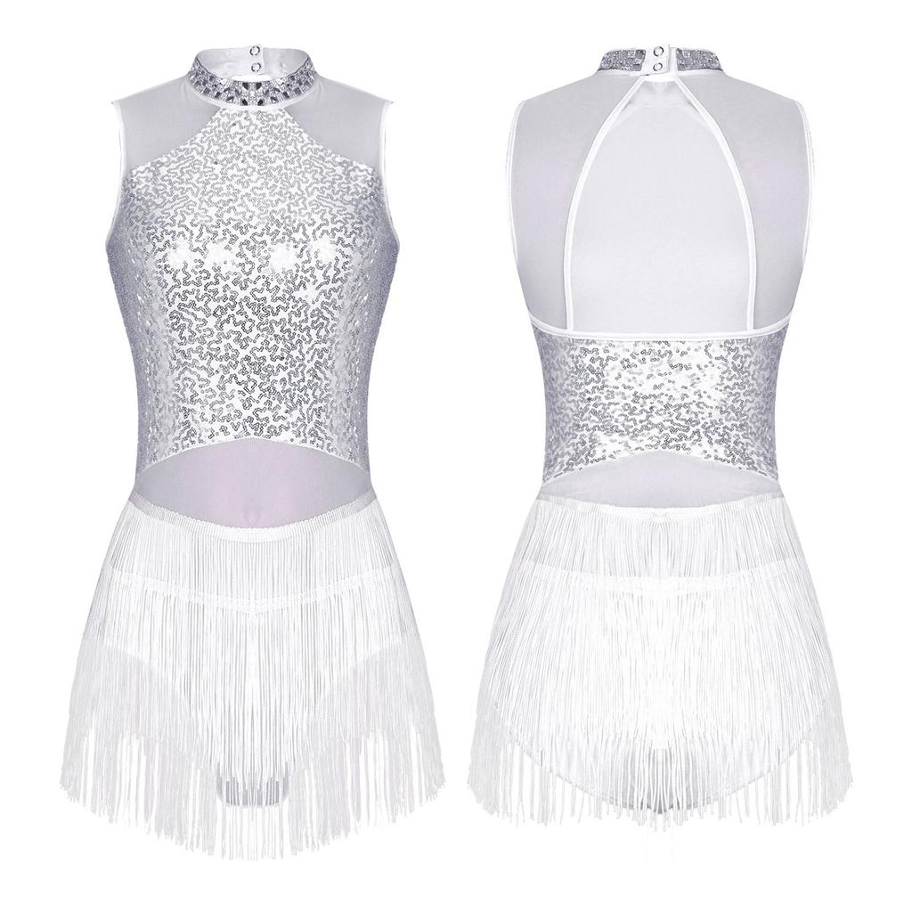 Женское блестящее трико со стразами и бахромой, сетчатое лоскутное платье с блестками для танцев, костюм для латинского танго, румбы, ча-ча