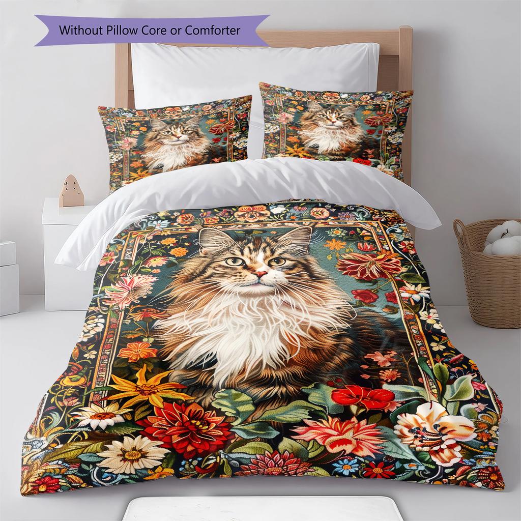 Boho Floral Cat Pattern Bedding Quilt Set Quilt Cover Pillowcase Home Decoration Birthday Gift (1 * duvet cover + 2 * pillowcase, without core)