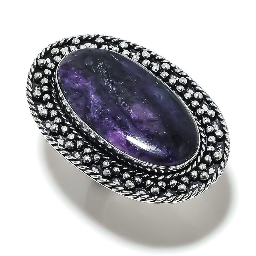 Русский чароит Ручная работа Серебро 925 пробы Ювелирное кольцо Размер 8 z5y39