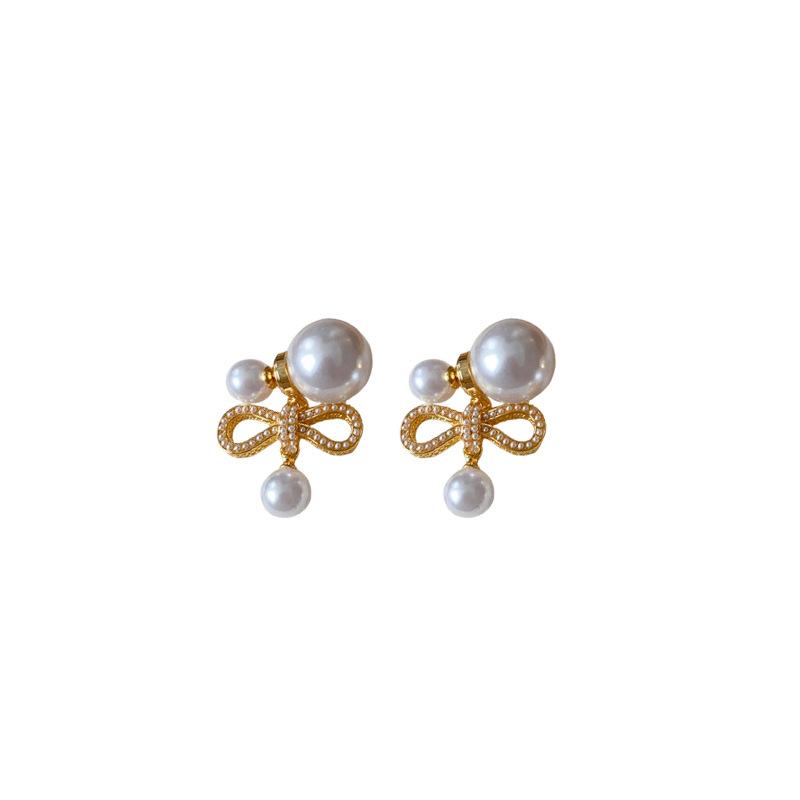 Real gold electroplated silver needle bow artificial pearl stud earrings niche simple temperament earrings a two wear earrings women