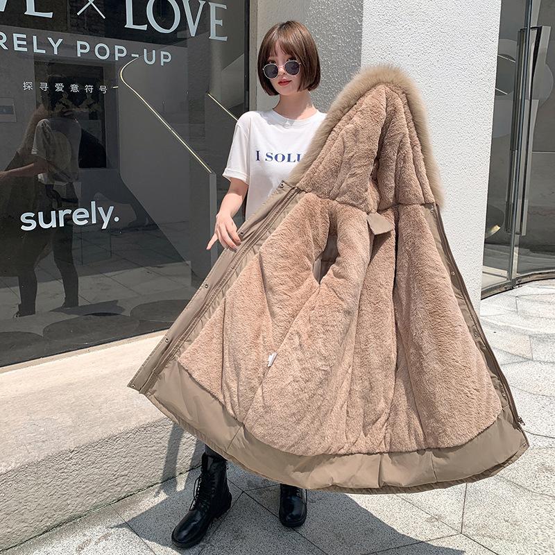 Женская осенне-зимняя тонкая теплая длинная парка с капюшоном и меховым воротником с длинным рукавом и плюшевой завязкой