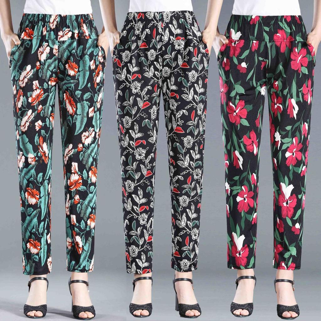 Летние брюки с цветочным принтом для женщин среднего и пожилого возраста. Эластичные брюки больших размеров с высокой талией для женщин пожилого возраста.