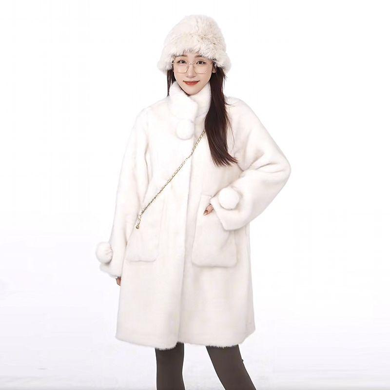 Роскошное женское зимнее пальто с воротником-стойкой и отделкой из меха норки - Длинная шерстяная верхняя куртка