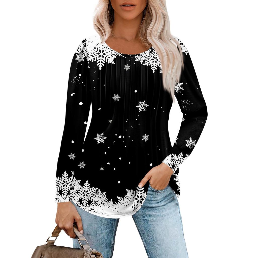 Рубашки с длинным рукавом для женщин, топы, нарядные повседневные блузки с рождественским принтом, плиссированные туники с круглым вырезом