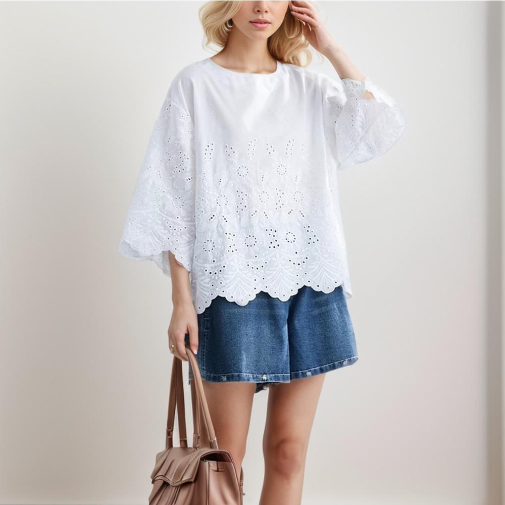 Dimanaf 2024 Большие размеры, летняя кружевная блузка, повседневная рубашка, женская одежда с принтом, белая свободная футболка с короткими рукавами
