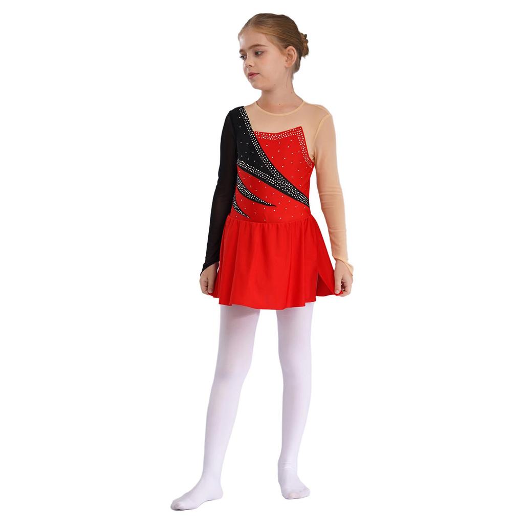 Платье для катания на коньках для девочек с длинным рукавом, круглым вырезом, контрастными стразами, открытой спиной, танцевальный костюм