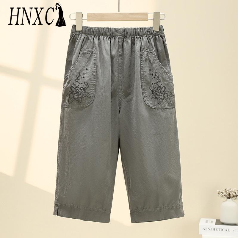 HNXC Летние женские брюки прямого кроя с эластичной талией, для женщин среднего и пожилого возраста, с высокой посадкой, из стираного хлопка, укороченные брюки больших размеров