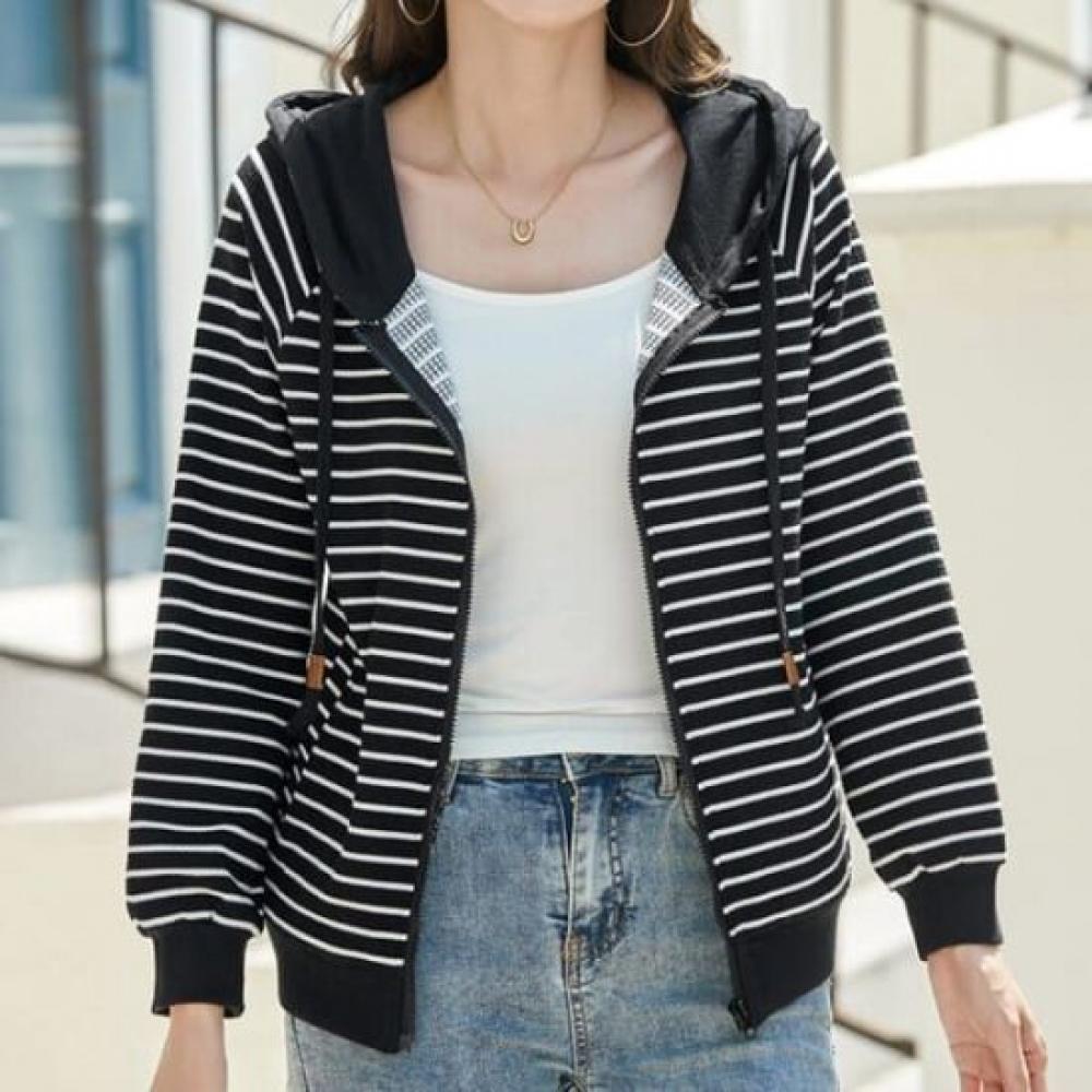 Navava Women Casual Striped Long Sleeve Hoodie Jacket Nc409