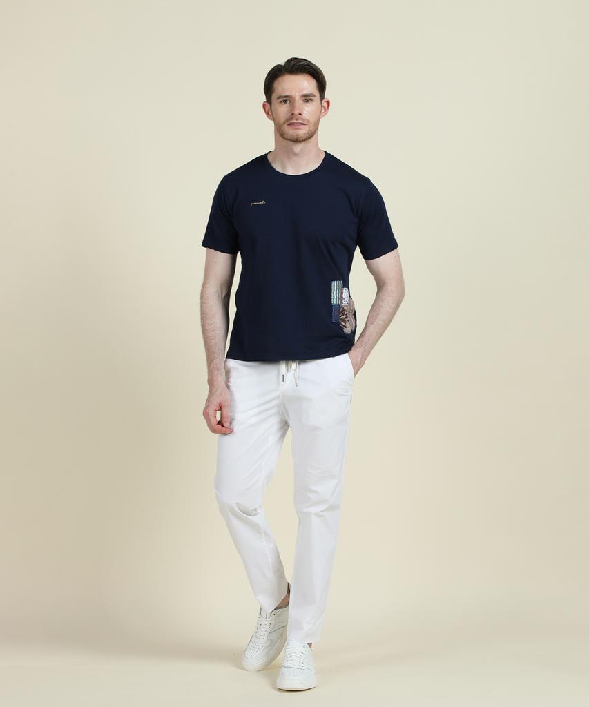 PANICALE Navy Cotton Patchwork Logo T-Shirt