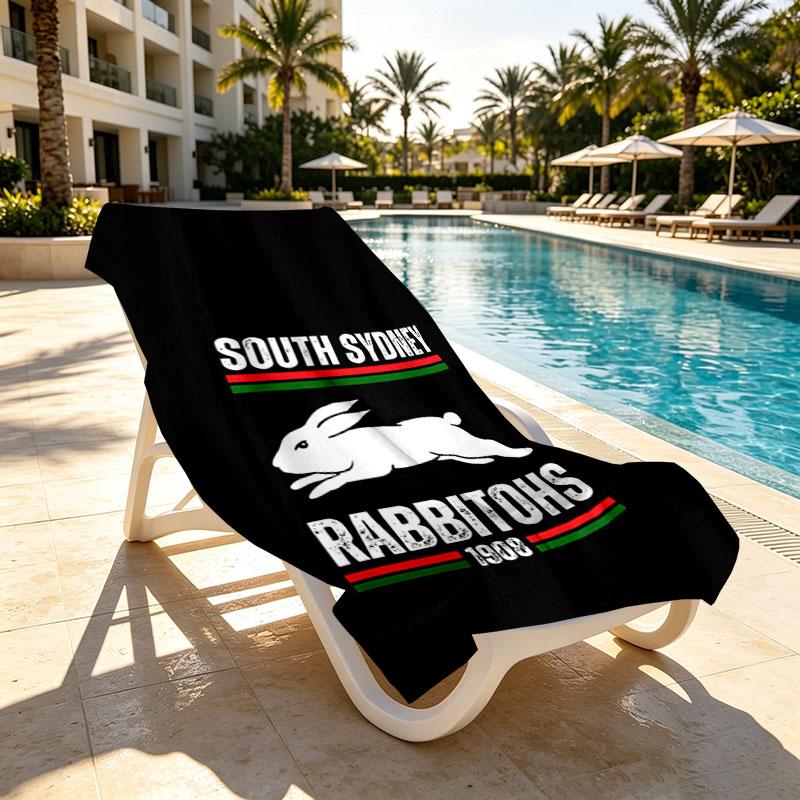 South Sydney Rabbitohs Print Beach Towel Design, Soft, Lightweight. for Home Bathroom, Spa, Pool, Yoga, Surfing, Camping, Gift for Family, Friend