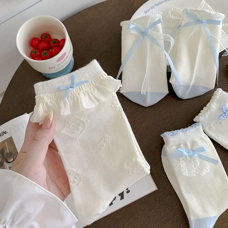 Женские весенне-осенние милые носки-гольфы средней длины с бантом и кружевом в сочетающихся цветах