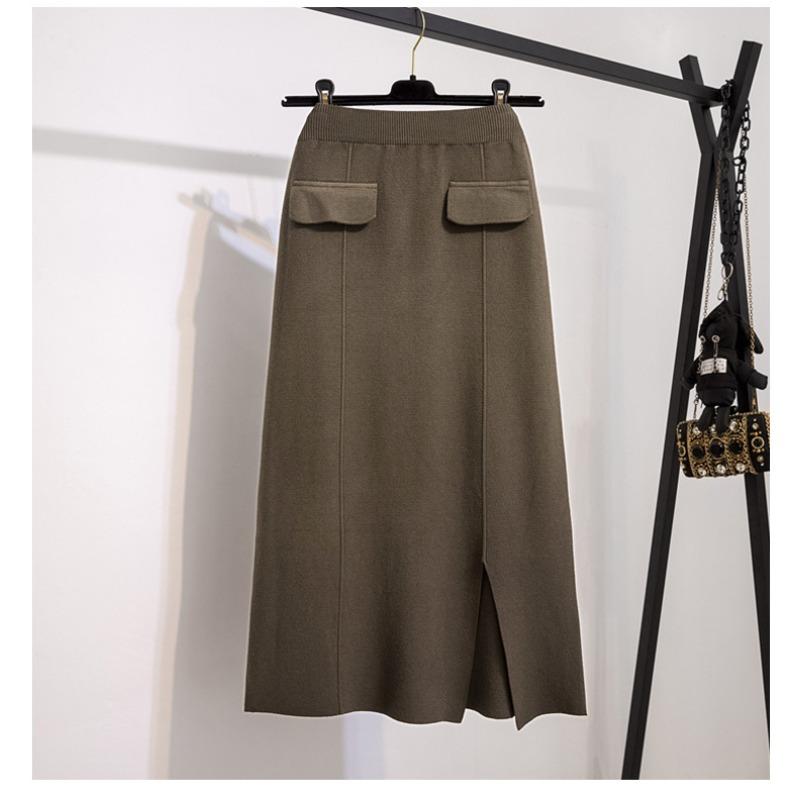 Трикотажная юбка с эластичной талией и дизайнерским разрезом для женщин зимой, большой размер, толстые мм, высокая талия, узкая прямая юбка миди
