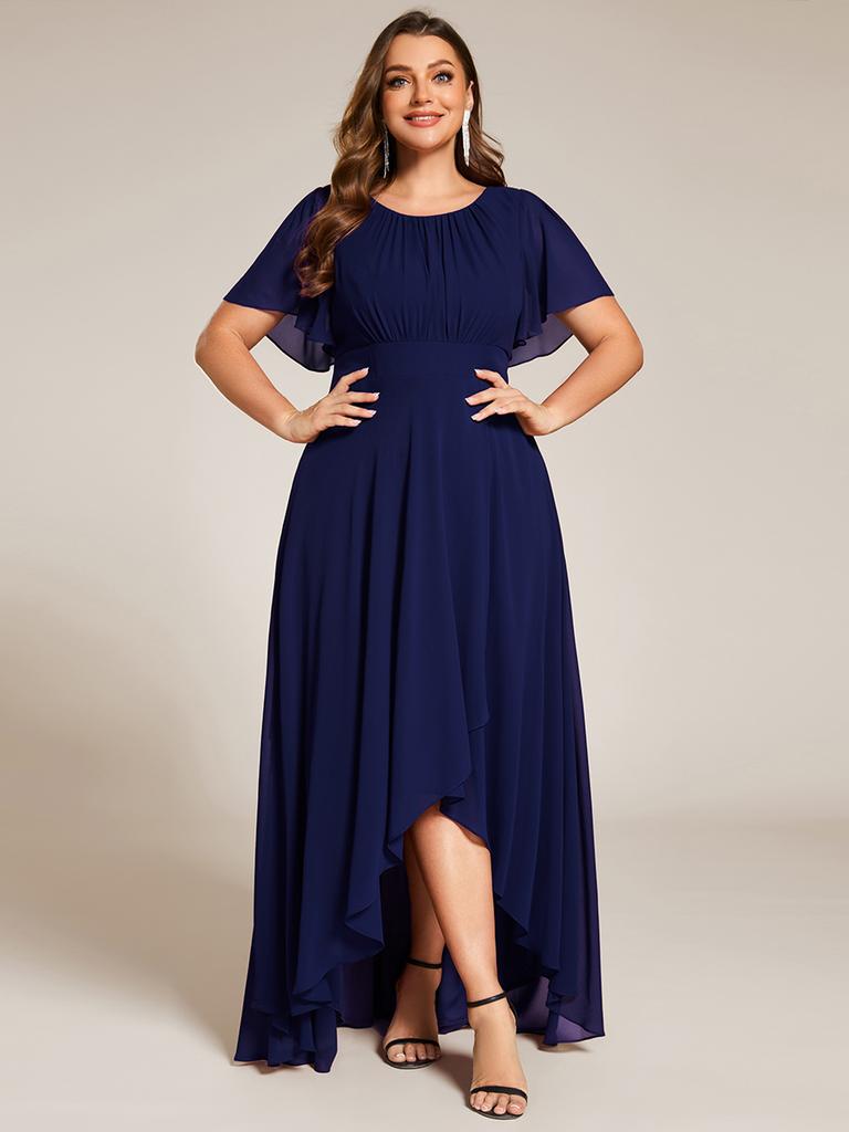 Ever-Pretty Women's Elegant Round Neck Ruffles Sleeve Chiffon Plus Size Evening Dresses with Asymmetrical Hem