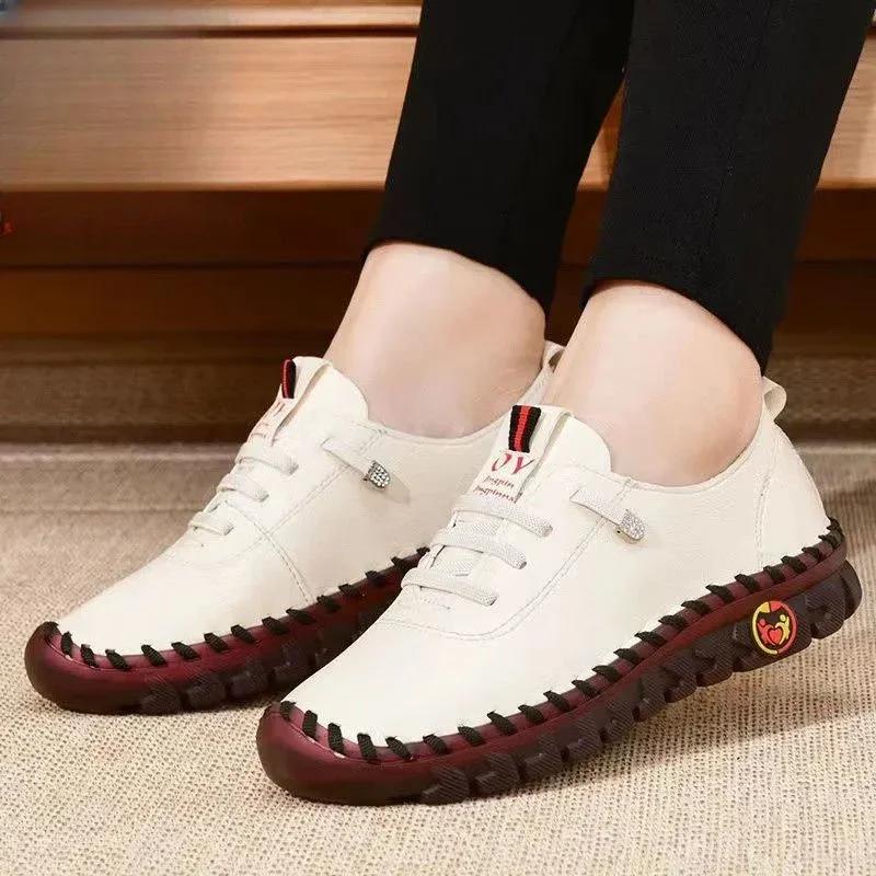 2024 Весна Повседневная женская обувь на низком каблуке Мокасины Модные шнуровки из натуральной кожи на плоской подошве Туфли для мам Zapatillas Mujer 35-42