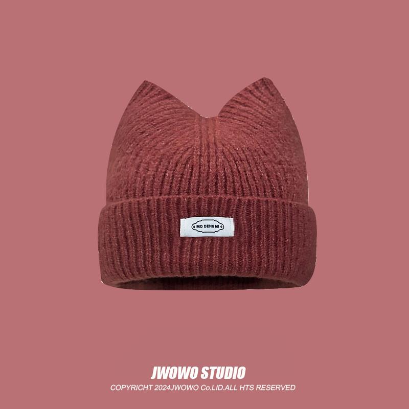 Вязаная шапка-бини с ушками кошки и буквой для женщин, зимняя, теплая, повседневный стиль