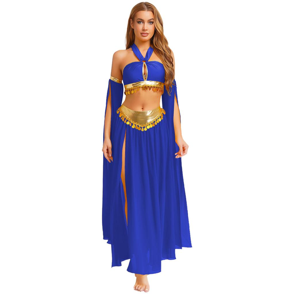 Women's Belly Dance Costume Set: Self-Tie Halter Crop Top with Built-In Briefs & Side Slit Chiffon Skirt + Removable Split Sleeves