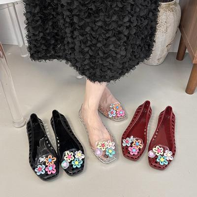 Цветочные желейные туфли мягкая подошва 2025 новые с мелким вырезом летние прозрачные полые одинарные туфли женские модные на плоской подошве с отверстиями сандалии