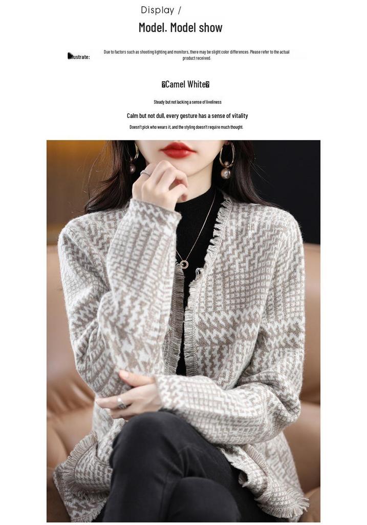 Женский кардиган в гусиную лапку в стиле French Chic из шерсти - Осенне-зимний плотной вязки с кисточками