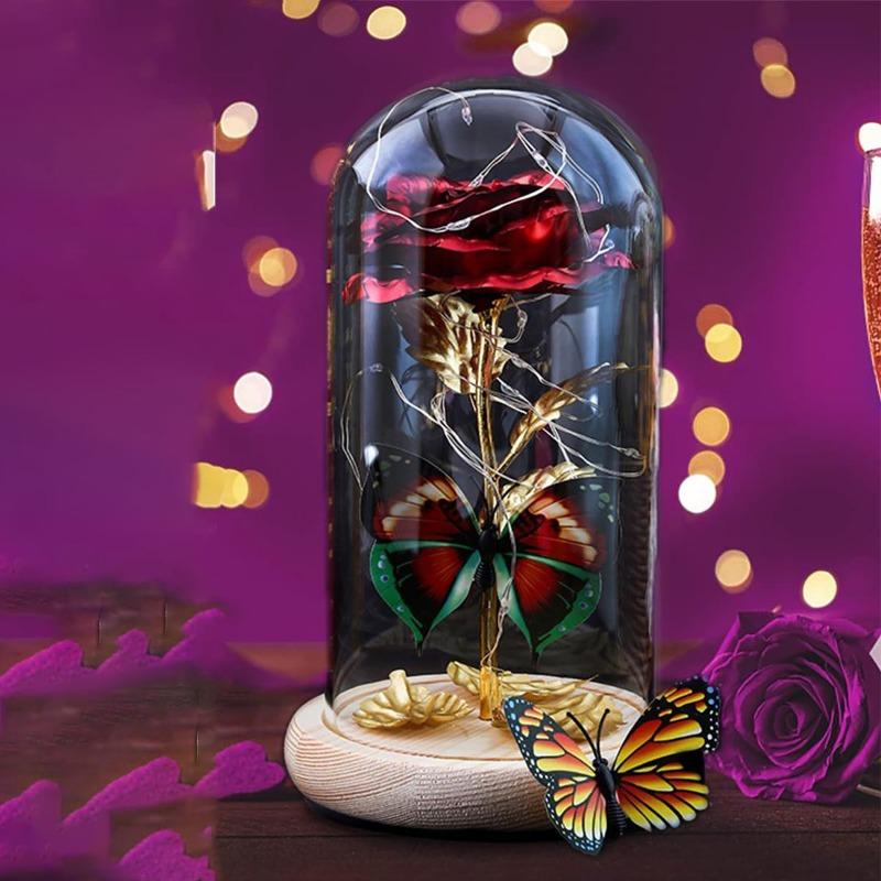 Galaxy Glass Rose Eternal Crystal Flower Birthday Gift Light Up Rose In Glass Dome with Butterfly for Mom Sister Mothers Day Gifts Holiday Gifts