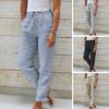 Women Casual Pants Summer Solid Color Elastic Waist Cotton Linen Large Pocket Drawstring