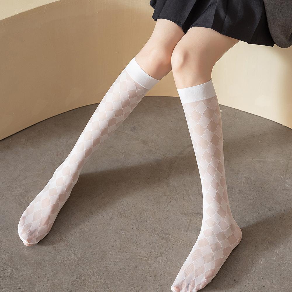 Calf Socks Women's Summer Thin Black Stockings JK Socks Long Tube Stockings Diamond-Shaped British Style Half-Length Tube Socks