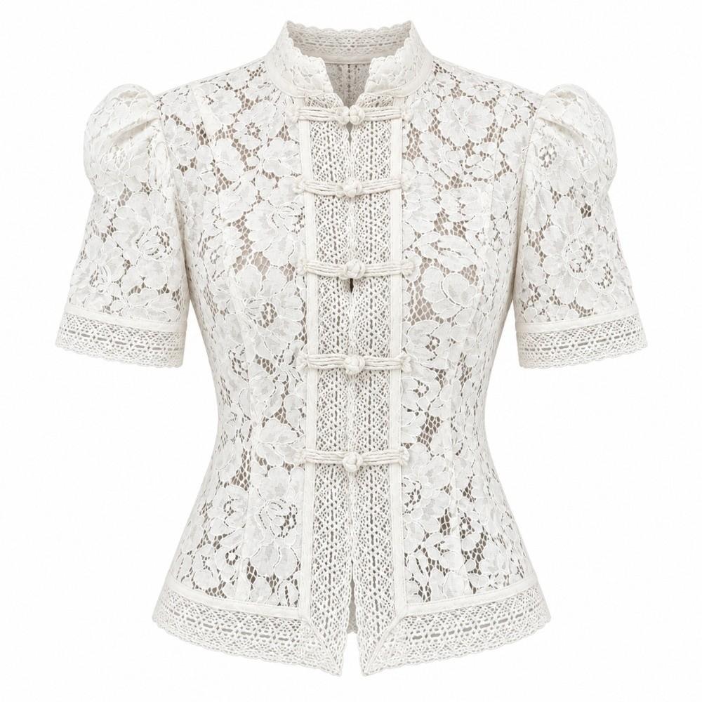 Hollowed Out Lace Printed Shirts Short Puff Sleeve Women Shirt Tops Chic Lace Blouse Party