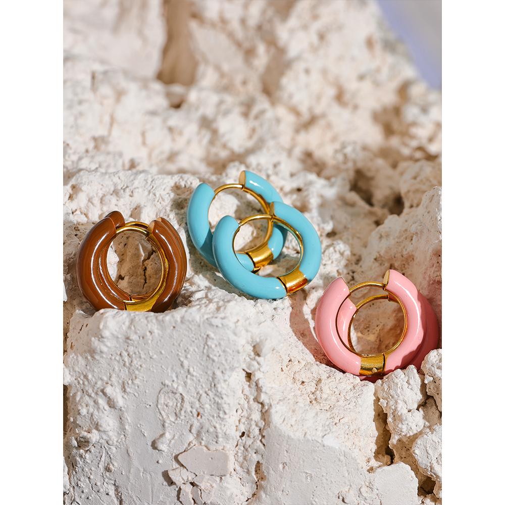Eetit 20mm Candy Color Blue Pink Brown Enamel Stainless Steel Hollow Hoop Earrings Golden Simple Trendy Y2K Sweet Jewelry Gift