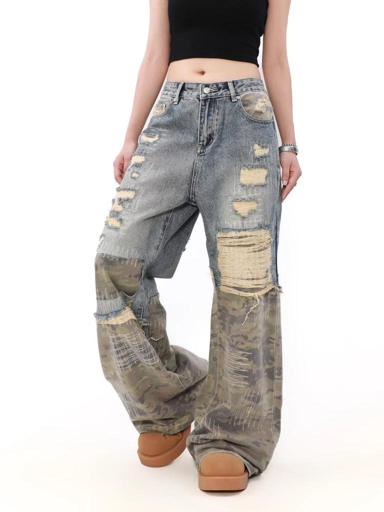 Women's Retro Blue Splicing Ripped Jeans Y2K Camouflage Japanese Harajuku Streetwear 2000s Style Wide Leg Pants Jeans Clothing
