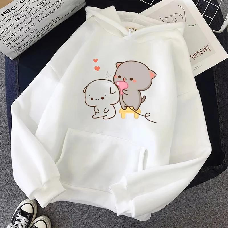 2025  Women's White Hoodies Kawaii Peach Cat Cartoon Print Femme Winter Hooded Sweatshirt Tops Casual Female Jumper