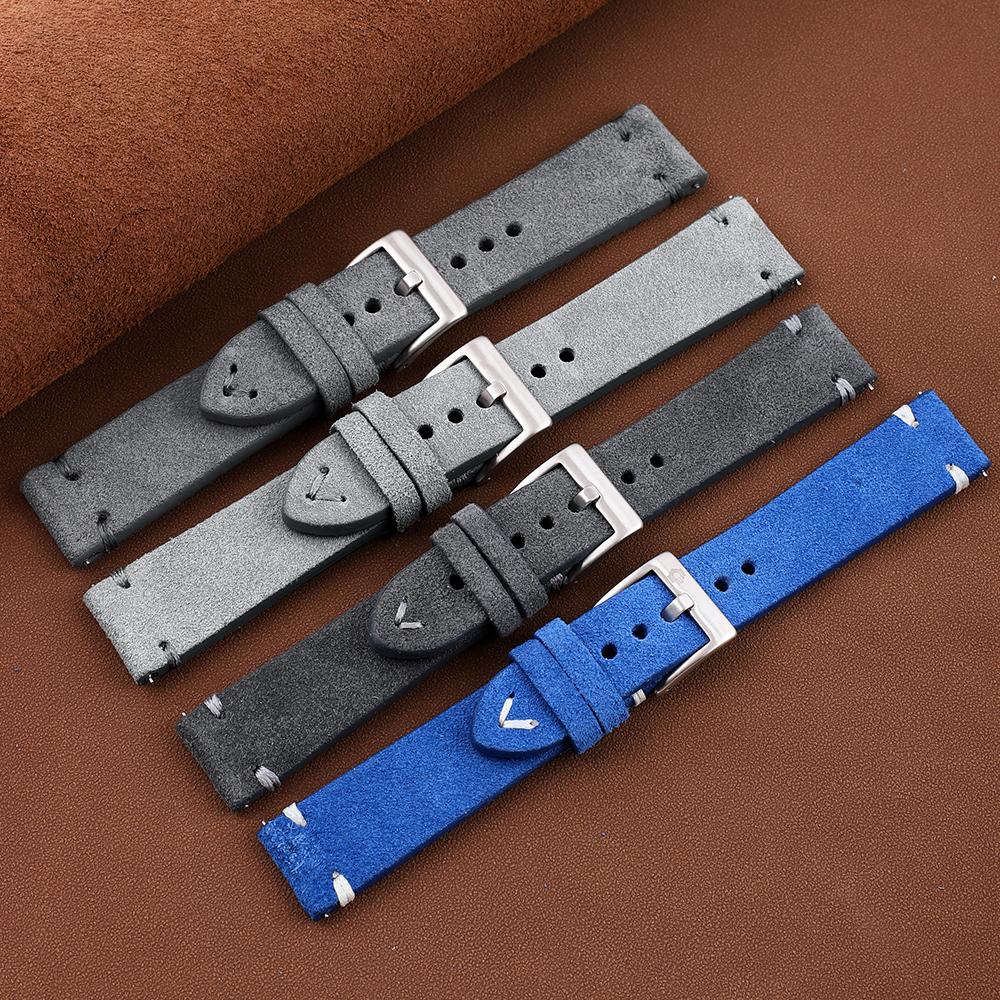 Suede Genuine Leather Watch Strap 20mm 22mm Vintage Handmade Stitching Bracelet Gray Blue Quick Release Watch Band Accessories