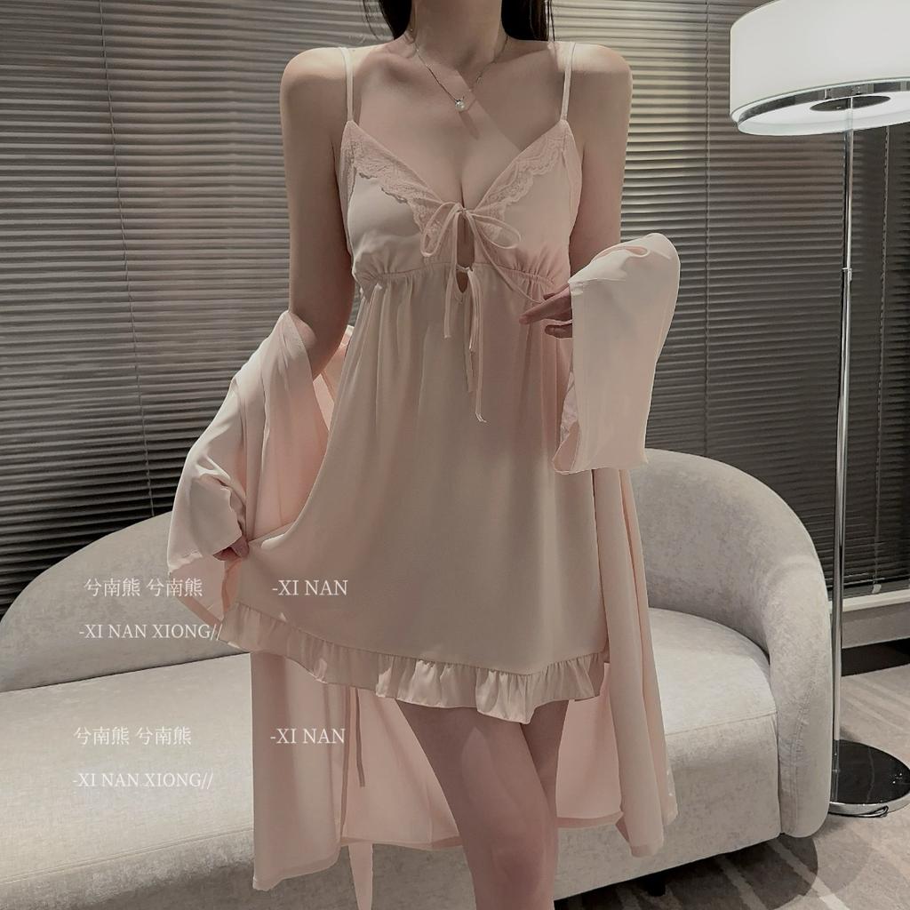Niche design nightgown women's summer thin ice silk sexy new large size pure desire Korean suspender chest pad pajamas