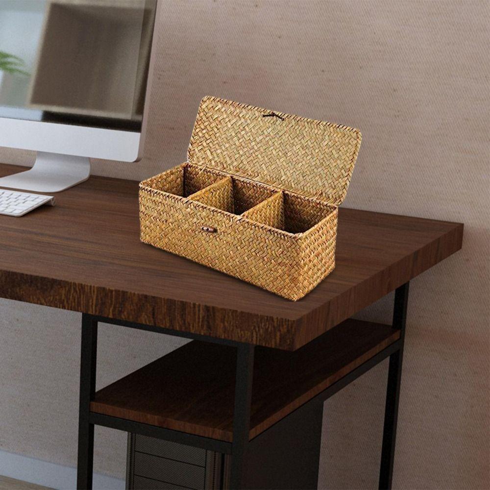 Rectangular 3 Grid Handwoven Storage Basket Dustproof Rattan Divider Storage Box  Wardrobe