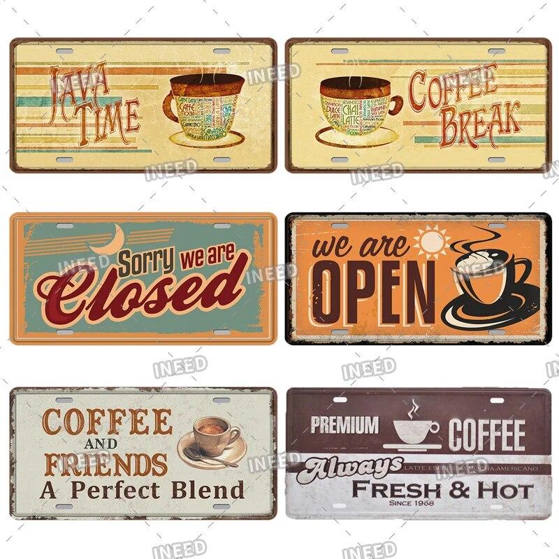 Metal Tin Signs Coffee License Plate Vintage Metal Plaques Retro Tin Plate for Cafe Kitchen Home Living Room Door Wall Art Decor