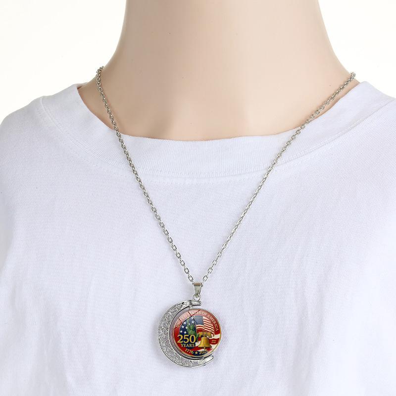 1Pc USA 250th Anniversary Double Sided Rotating Moon Alloy Necklace, Liberty Bell Flag