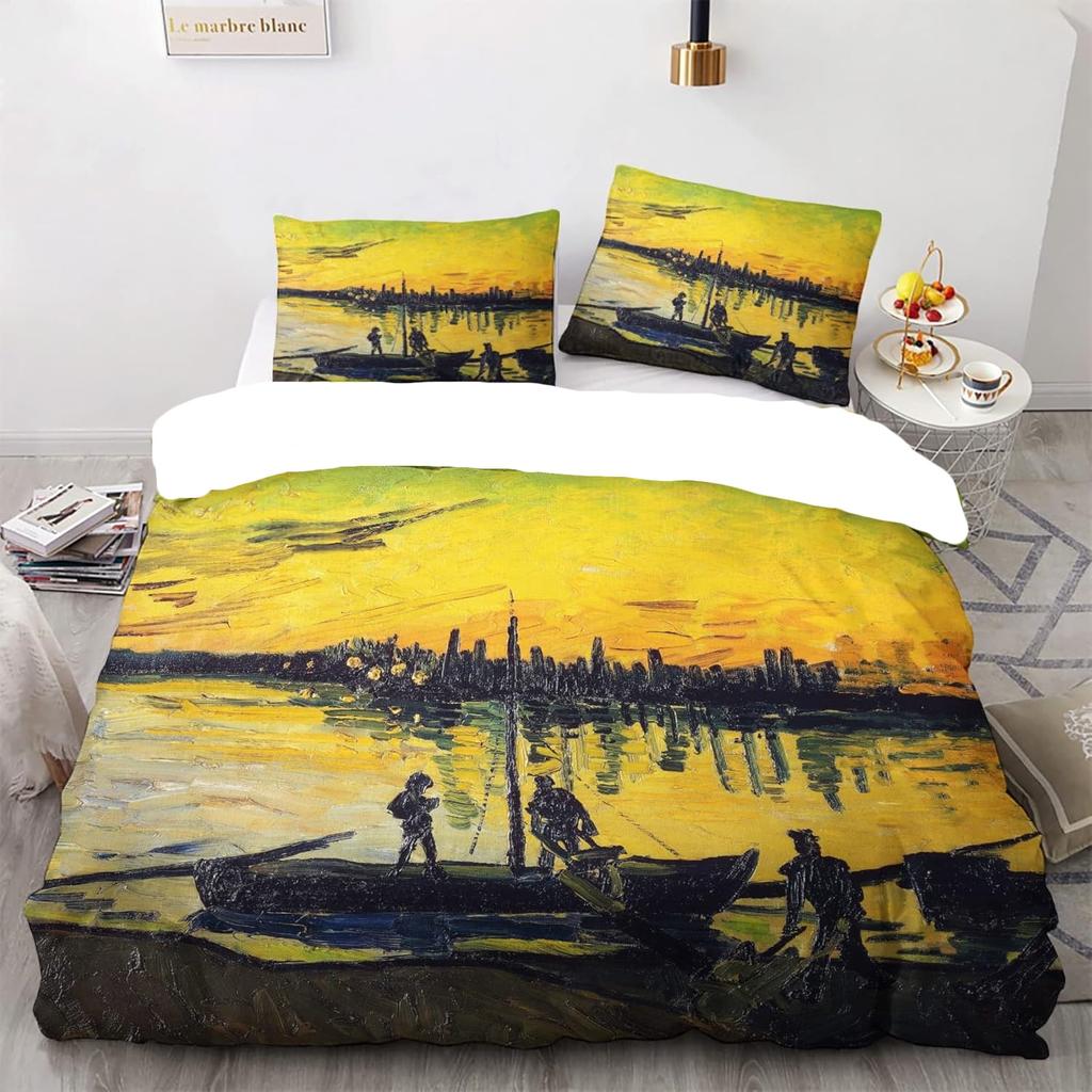 Пододеяльник размера «Квин» Ван Гог «Цветущий абрикос» Комплект постельного белья с 2 наволочками Узорчатый пододеяльник Мягкая легкая микрофибра