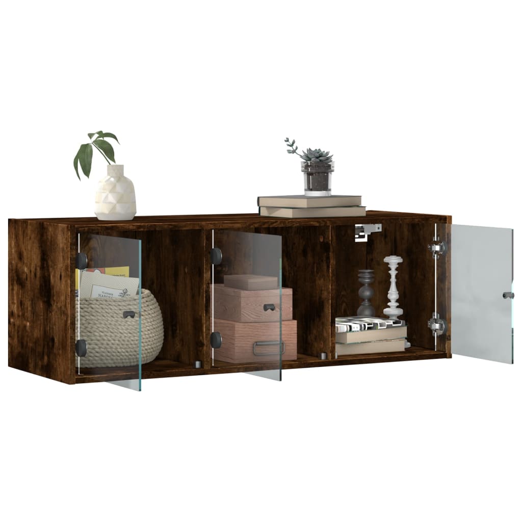 Wall Cabinet with Glass Doors Smoked Oak Finish 102 x 37 x 35 cm