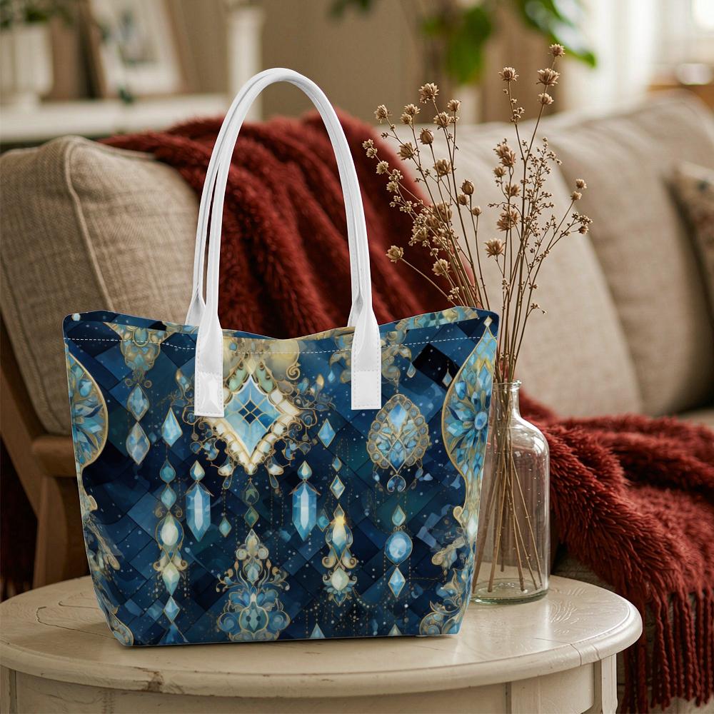 Elegant Blue Pattern Tote Bag for Women Fashion Portable Large Capacity Daily Commute Shopping Shoulder Bag