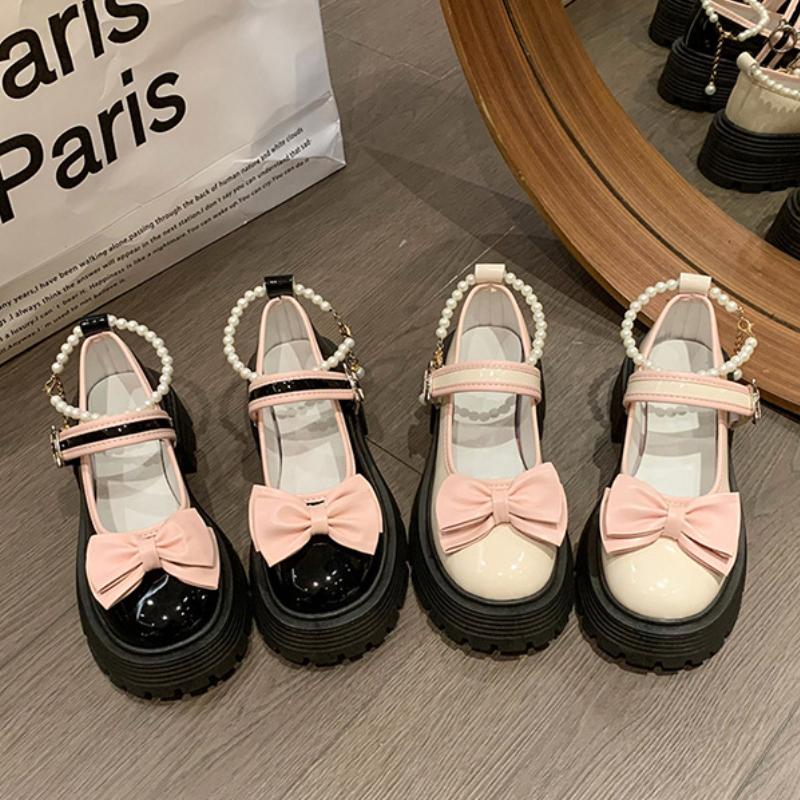Женские туфли Мэри Джейн на толстой платформе в стиле Лолита, туфли-лодочки для вечеринок, лето 2024, розовые новые босоножки с жемчужным бантом, женская обувь в стиле Zapatos