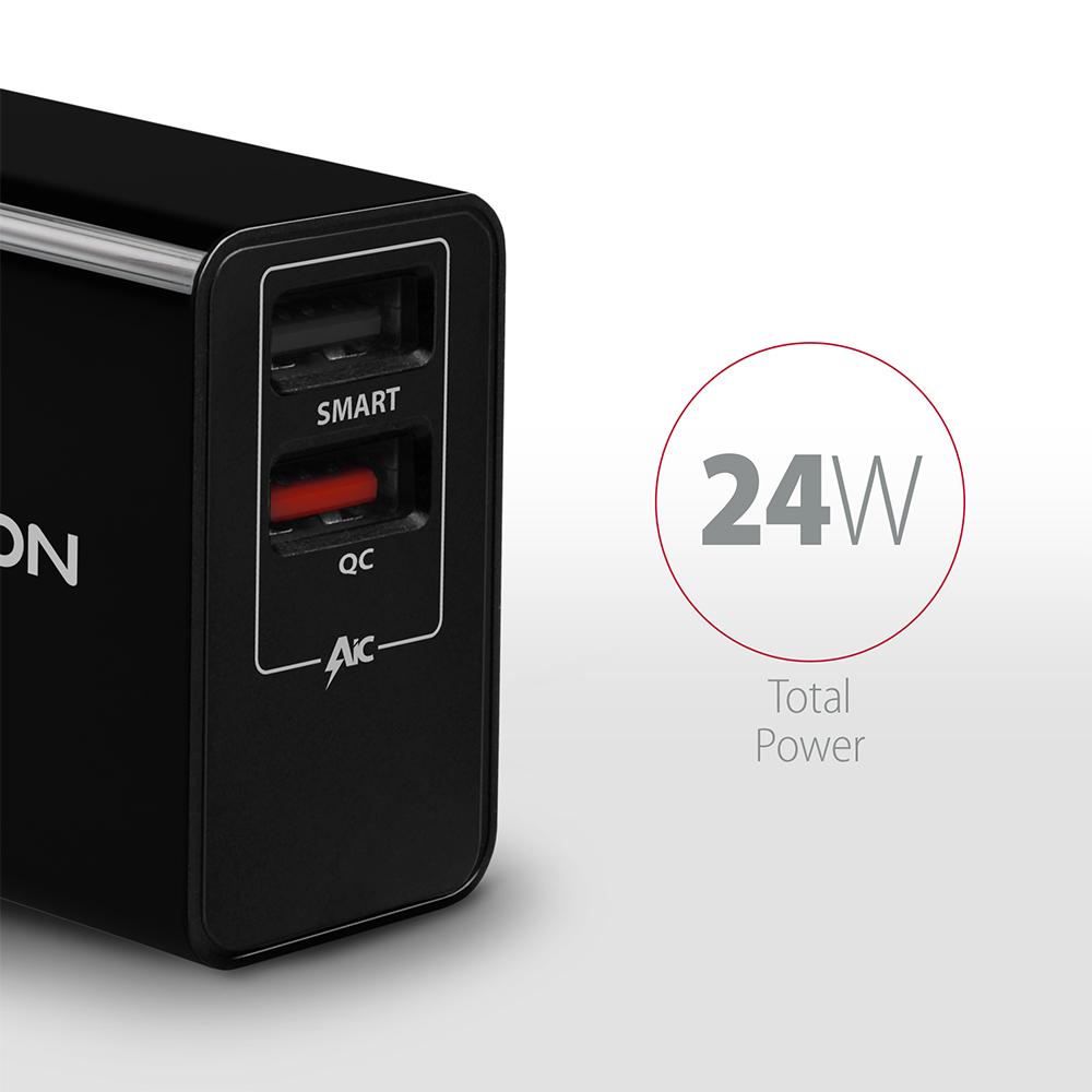AXAGON Dual wallcharger 240V/2x USB port QC3.0/AFC/FCP and 5V-1.2A, 24W | ACU-QS24